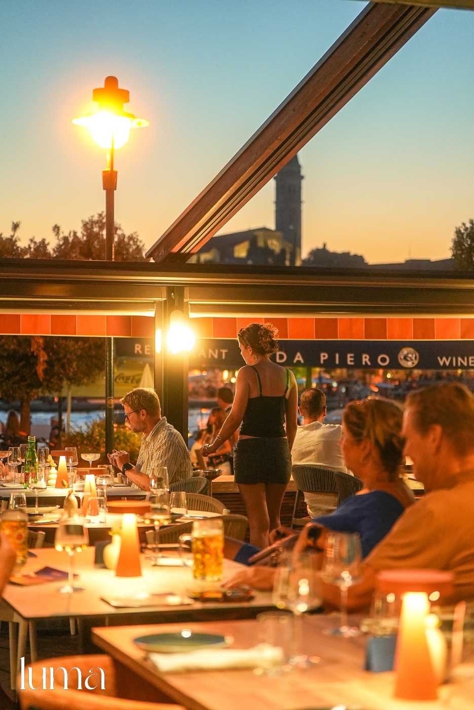 Luma Restaurant Rovinj terrace during golden hour and sunset dining